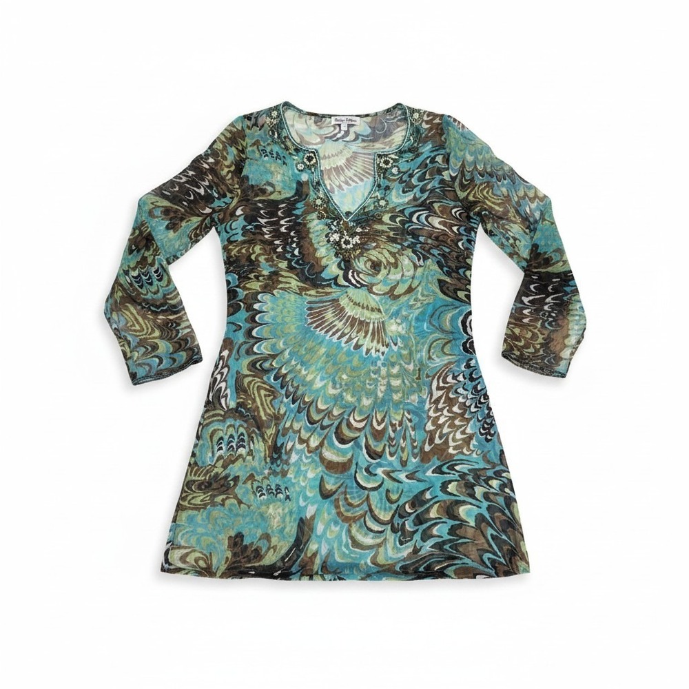 Rhona Sutton Beaded Peacock Print Sheer Tunic Top Turquoise Green Brown Small